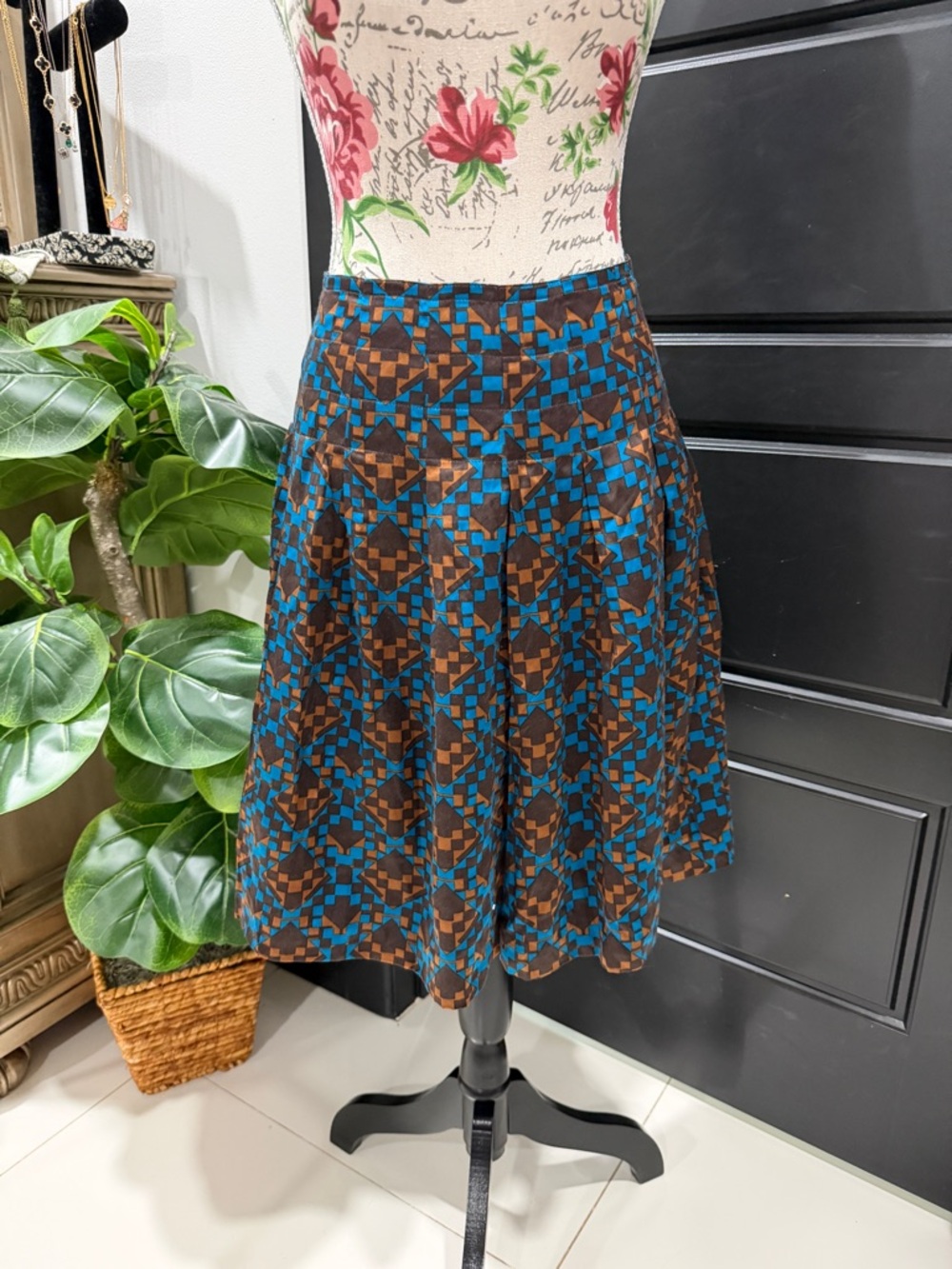 Dkny Blue and Brown Geometric Skater Skirt
